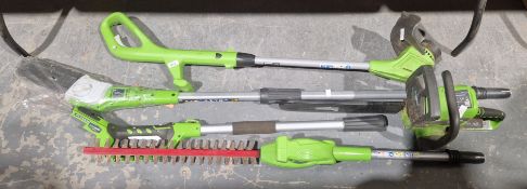 A Greenworks Tools cordless chainsaw, model 20117, a Greenworks Tools cordless pole saw, model