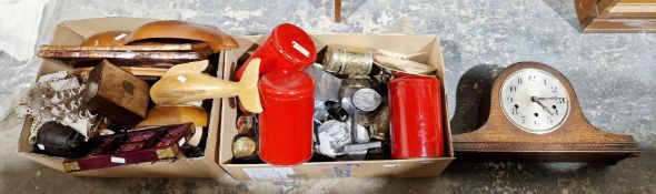 Mixed lot of collectables and metalware, including a domed oak-faced mantel clock, three red tea