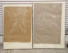 V Two white chalk drawings of nude females, drawn on brown craft paper, largest 91cm x 61cm,