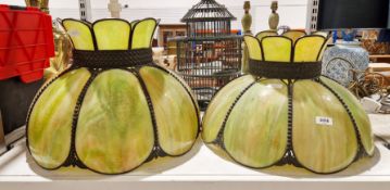 V Pair of Tiffany style lampshades, with green mottled panels, one a/f, 44cm dia (please note VAT