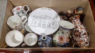 Collection of ceramics and glass, including a Goebel Hummel figures, commemorative mugs, Delft style