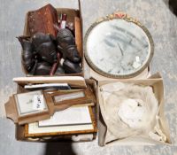 Mixed lot of collectables, including a coyote fur hat, a barbola mirror, a barometer, wooden