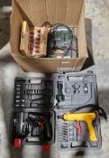 Cased EHO cordless screwdriver, a Metabo ST EP550 jigsaw, a boxed twelve piece router bit set and