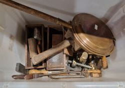 Collection of old woodworking tools, including wooden planes, wooden-handled chisels, set squares,