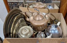 Collection of mainly metalware, including a copper kettle, brass trays and fireside ornaments, oak