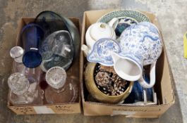 Mixed lot of ceramics, glass and an onyx table lamp, including glass decanters, coloured glass