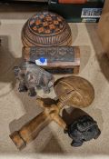 Collection of African carved wood collectables, including: a carved Calabash bowl, 22.5 cm diam.;