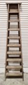 Large vintage pine stepladder of tapered form, 208cm high