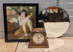 V Art Deco oak mantel clock, 23cm high, together with a 1930's circular wall mirror with shaped