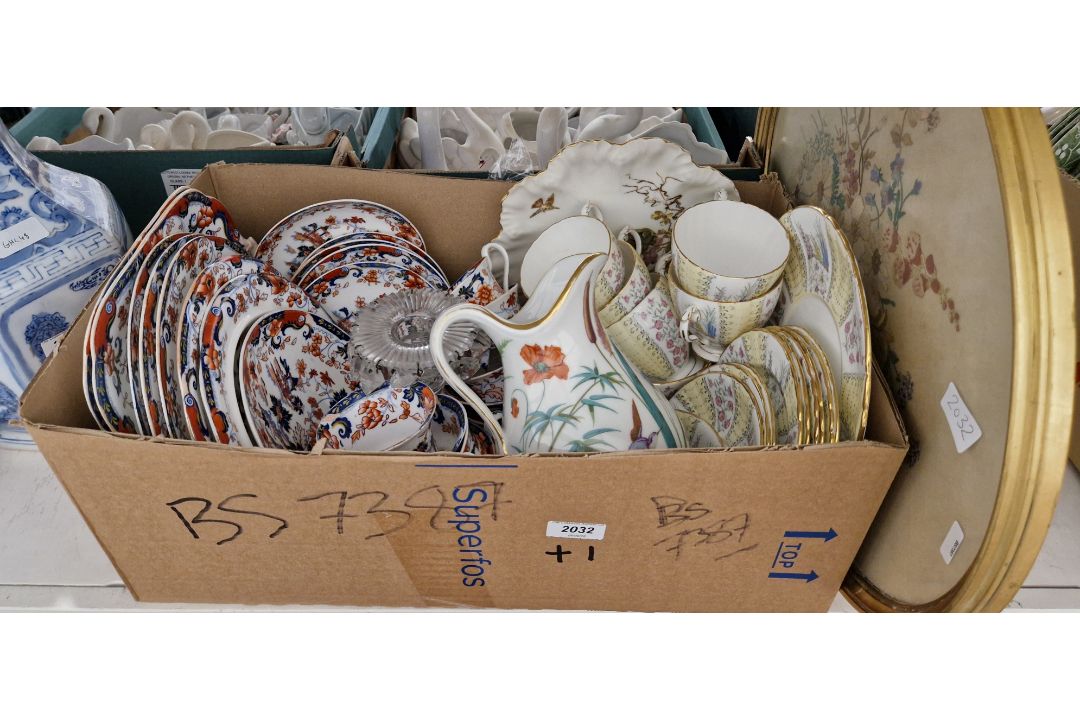 Collection of ceramics, together with a floral needlework framed and glazed panel, including Royal