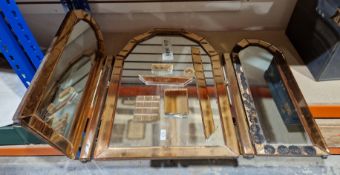 Early 20th century triptych dressing mirror with pink-tinted glass panelled frame, 68cm high (a/f)