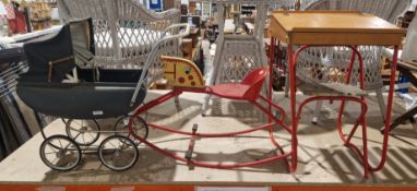 V Vintage Leeway tubular child's rocking horse, together with a mid-century child's desk and