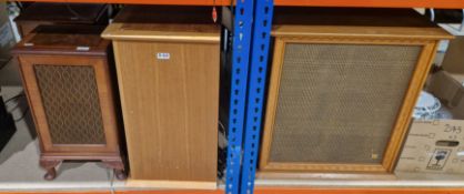 V Pair of mid-century Wharfedale Rosedale walnut speaker cabinets, 61cm high x 58cm wide, together