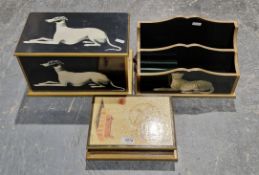 Collection of modern lacquered desk items, including a box decorated with whippets, a stationery