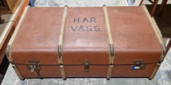Early 20th century wooden bound and canvas covered travelling trunk, 32cm high x 90cm wide