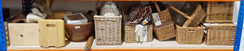 Collection of approximately 9 wicker baskets, hampers and boxes, together with a small wooden stool,