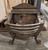 Regency style cast iron firegrate with urn-shaped finials and scrolling legs, 64cm high x 57cm wide