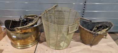 Collection of brass and metal items, including two coal scuttles, a wirework paper basket, four