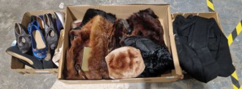 Collection of vintage clothing and shoes, including two fox fur stoles, two further stoles, a