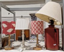 Modern table lamp in the form of toleware tea canister, a pair of Habitat wooden table lamps and a