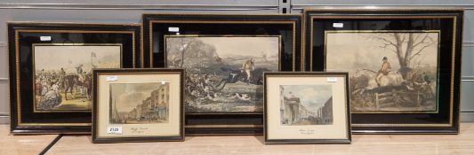 Five Hogarth framed and glazed engravings/prints, including two hunting scenes, one horse racing