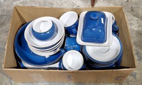 Collection of Denby Imperial Blue breakfast and dinnerware, including a butterdish, bowls, cups,
