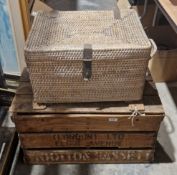 Vintage pine transportation box stamped to side London Ltd Elgin Avenue, 66cm long, together with
