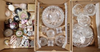 Collection of ceramic trinket boxes together with onyx eggs, small ceramic ornaments and various cut