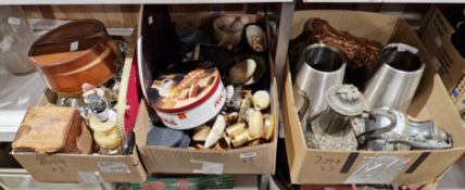 Collection of mixed metalware and collectable items including pewter teapots, a copper-effect