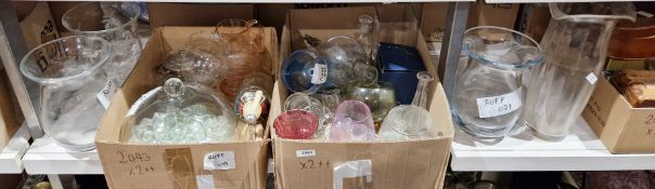 Collection of glassware including four large vases and other vases, a Schwepps soda syphon, a bowl