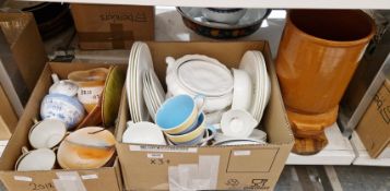 Collection of mainly ceramic items including Booths Real Old Willow plates, white glazed dinnerware,