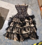 Vintage tiered ruffle dress with black lace and dotted tulle over a champagne satin base, label to