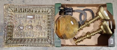 Indian brass tray with relief decoration of a parade with elephants together with a pair of brass