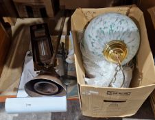 Two mottled glass ceiling lightshades together with a copper and wooden-handled wash dolly, an