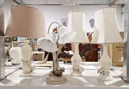 Pair of alabaster vase-shaped table lamps, 39cm high  together with another alabaster table lamp,