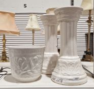 West German Bay white glazed jardiniere on stand, 59cm high together with another matching stand