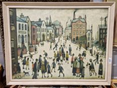 Two mid-century LS Lowry prints on board, being market scene in a Northern town and a village