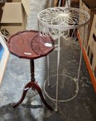 Wrought iron circular plant stand with a white finish, 74cm high together with a mahogany-effect
