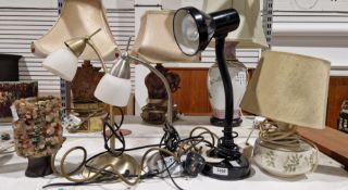 Mid-century wooden table lamp, the shade covered with polished tumbled gemstones, together with