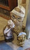 Stone hand carved garden sculpture of two stylised owls, carved to back 'Taura', 65cm high, a