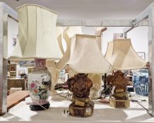 Pair of Oriental-style table lamps and shades, the bases in the form of elephants and the shades