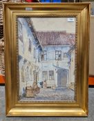 Late 19th/ early 20th century watercolour depicting a view of dwelling through an alleyway,