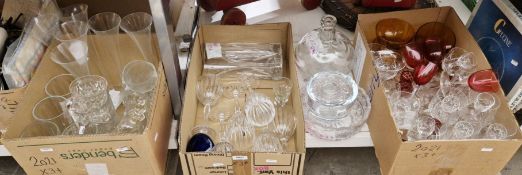 Collection of glassware including cranberry wine glasses, cut glass red liqueur glasses, various
