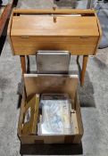 Mid-century wooden sewing box on turned legs, 47cm wide filled with artists materials including