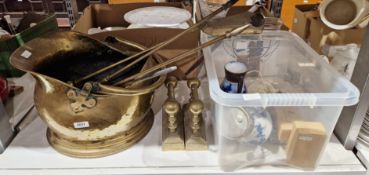 Three boxed Orchard Designs in the Country white metal bottle stoppers, a brass coal scuttle and