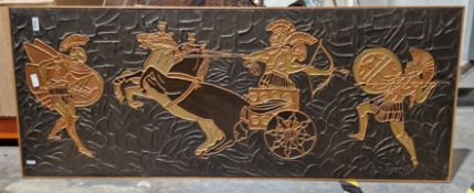Mid-20th century embossed panel of an Iranian chariot with warriors, inscribed to verso 'Designed