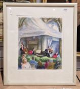 Oil pastel of an audience watching a four-piece band, label to verso 'Juliet Wood Florian's 2017',