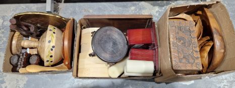 Collection of wooden and treen items including bowls, Chinese carved boxes, Chinese hardwood