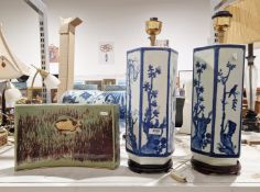 Pair of Chinese-style blue and white ceramic hexagonal table lamps decorated with birds and trees,