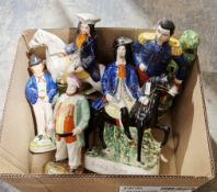 Five Staffordshire pottery type figures including Water, Gin, Tom King, Falstaff, Napoleon and